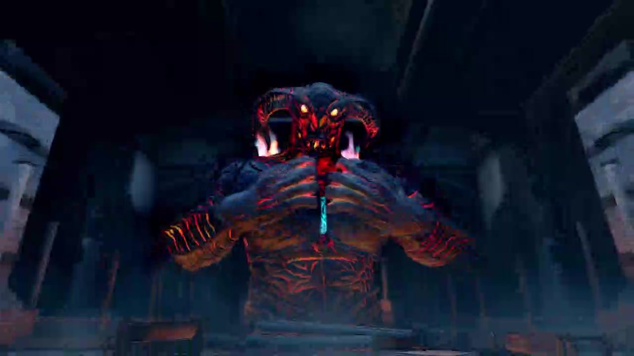 In-headset gameplay footage of a dramatic creature encounter